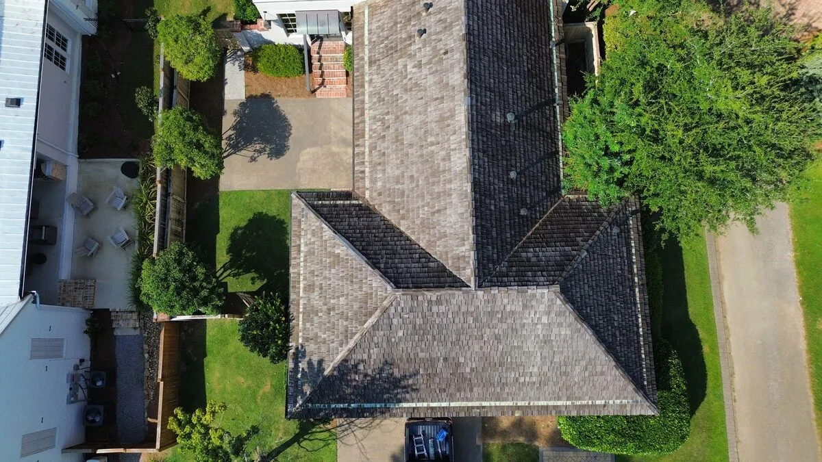 Overhead view of a completed hip roof in the Jackson metro