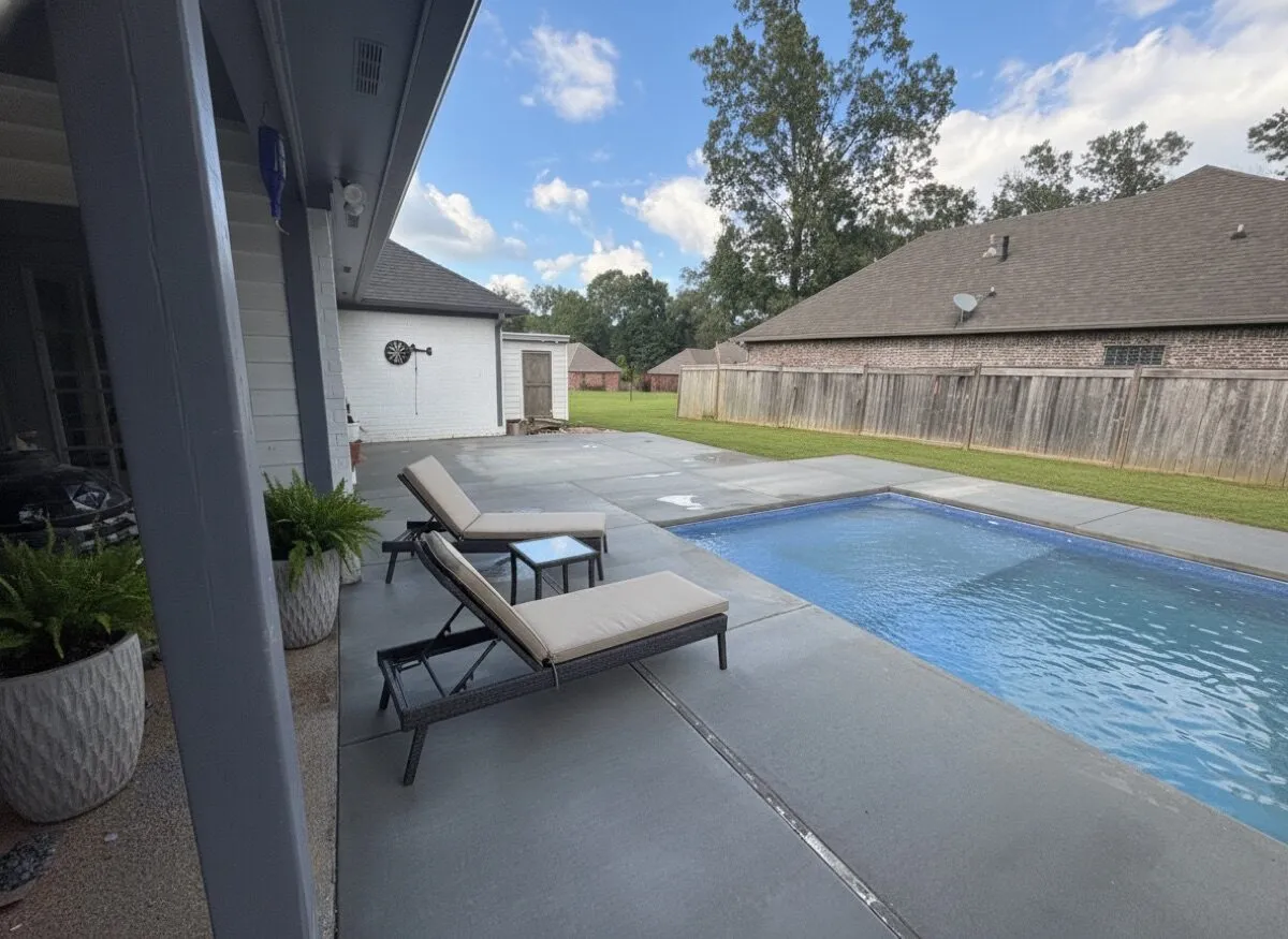 Completed fiberglass pool and deck by DC Pools and Spas