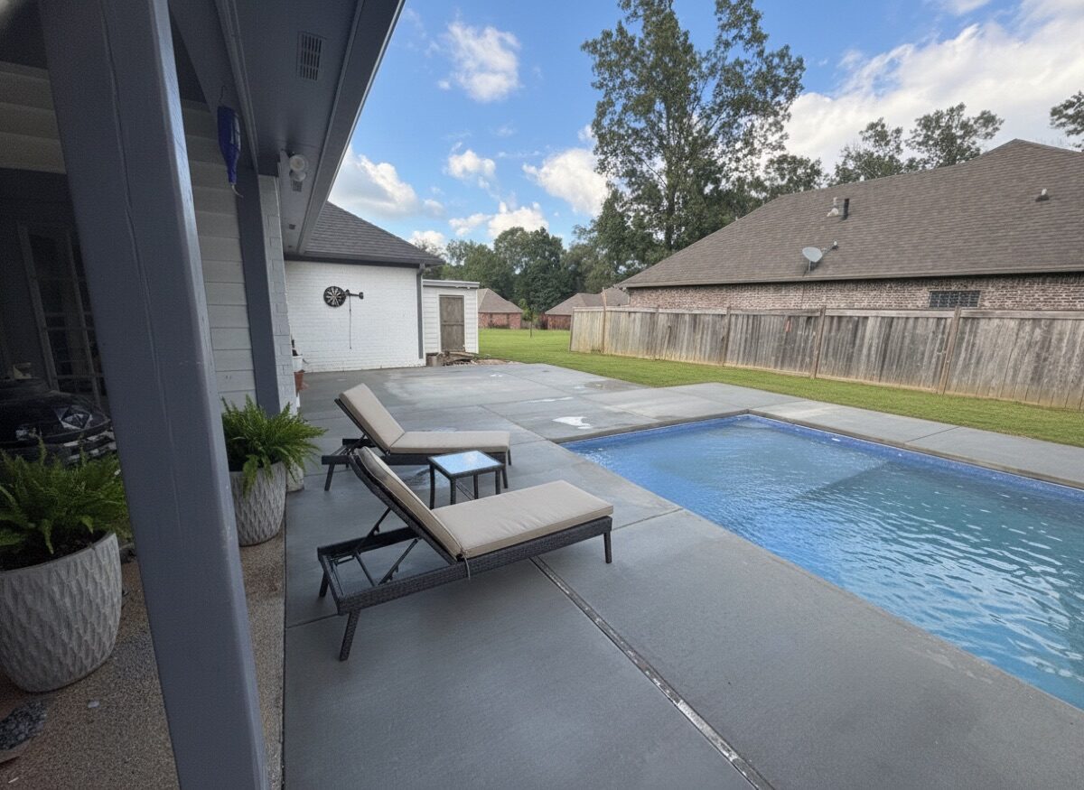 Finished Latham fiberglass pool and patio, ready to swim