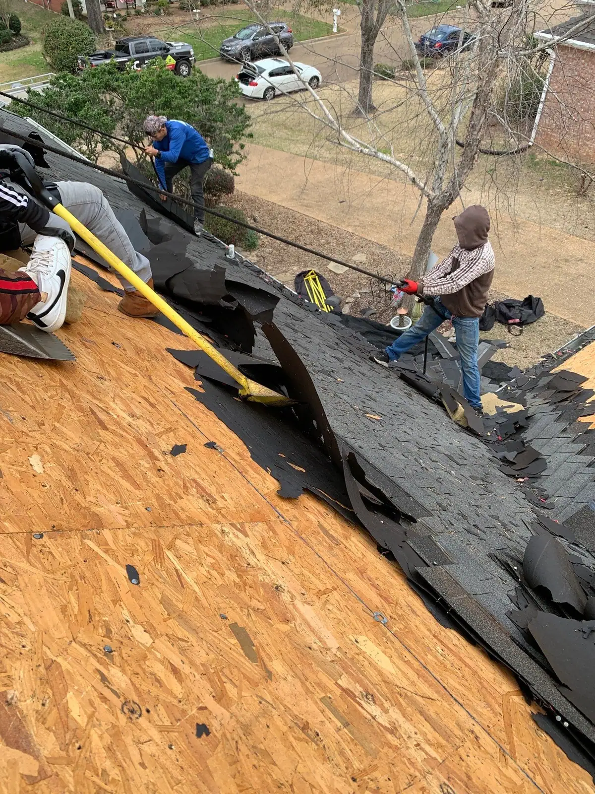 Roofers tearing off old shingles in Brandon, MS, by roofing company Dickerson Contracting