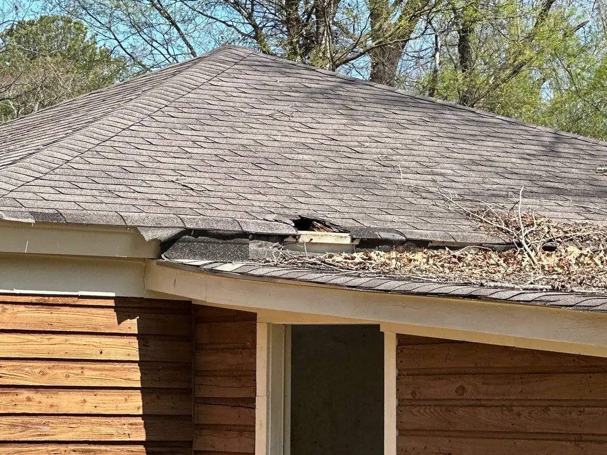 Damaged shingles on a roof before the work, roof repair by Dickerson Contracting in Jackson, MS