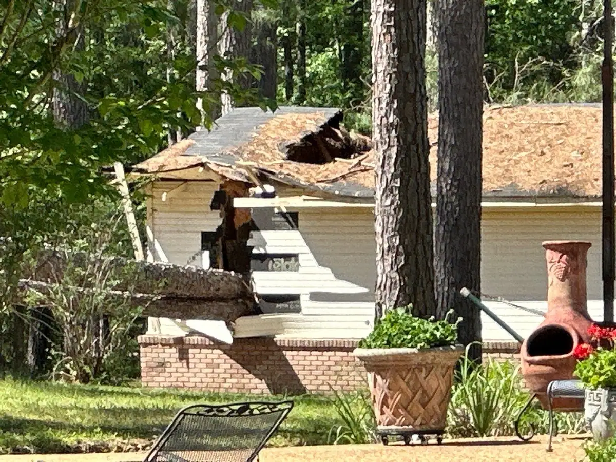 Fallen tree resting on a house roof after a storm, storm damage roof repair and insurance claim