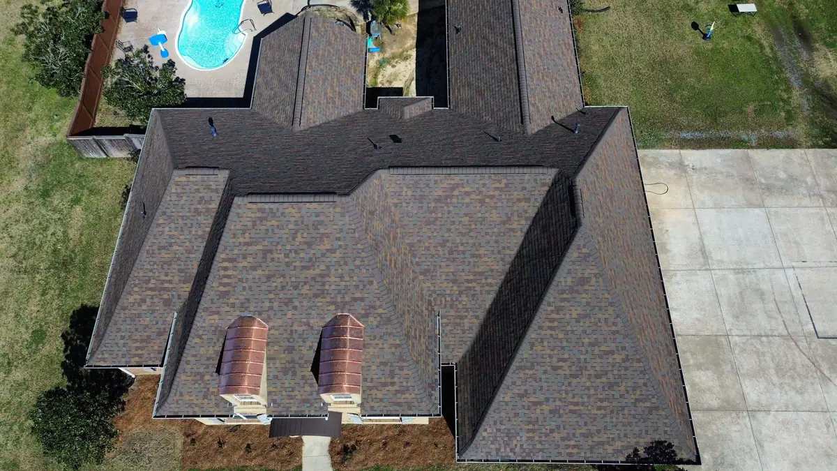 Finished shingle roof seen from above in Flowood, MS, by roofing company Dickerson Contracting