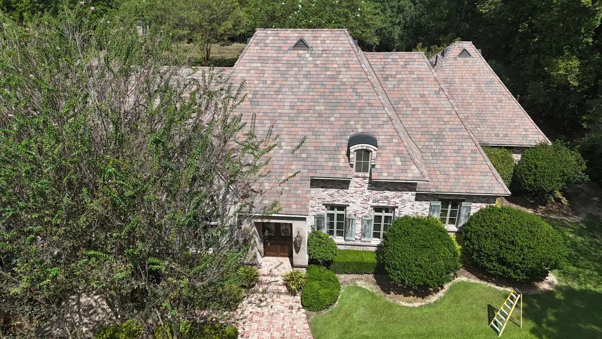 Aerial view of a finished shingle roof in Vicksburg, MS, by roofing company Dickerson Contracting