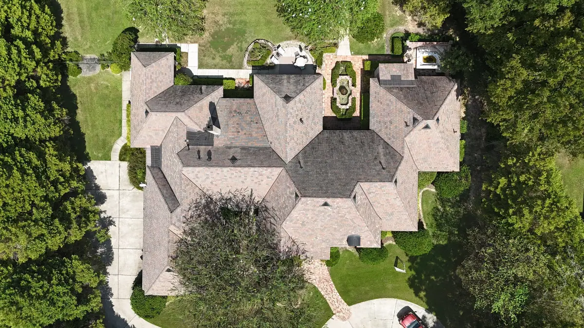 Finished shingle roof seen from above in Vicksburg, MS, by roofing company Dickerson Contracting