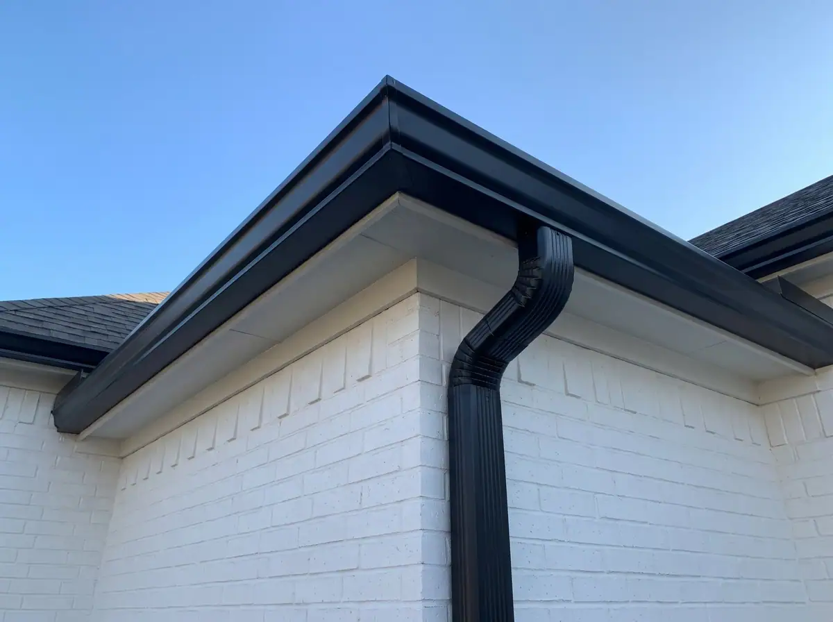 Black K-style gutter corner and downspout against white painted brick, black gutter installation