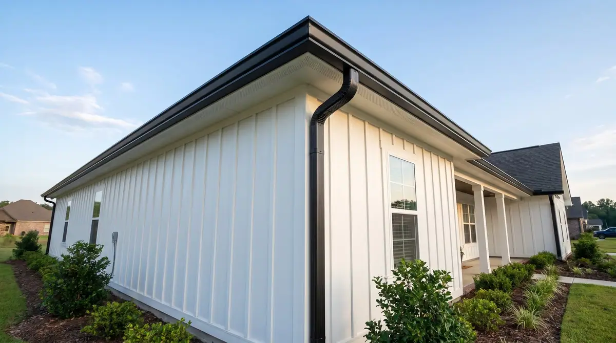 Black seamless K-style gutter and downspout on a white board-and-batten house, a seamless gutter installation