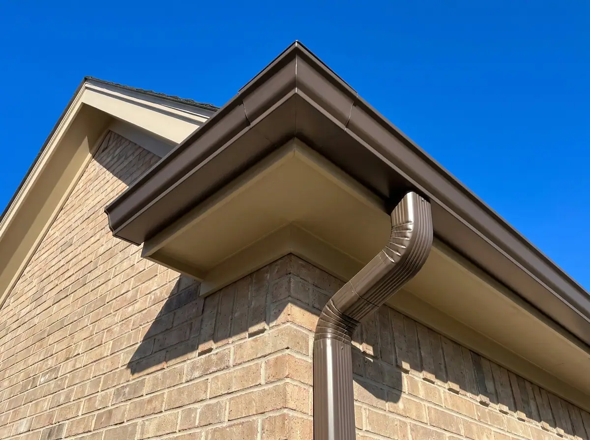 Bronze K-style gutter with a mitered corner and matching downspout, bronze gutter installation