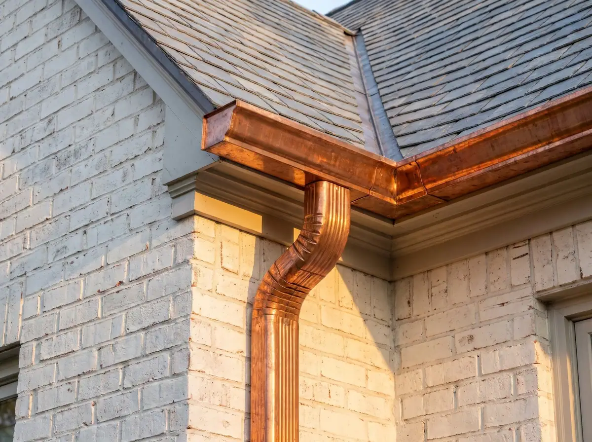 Copper gutter and downspout on a white painted brick house, copper gutter installation