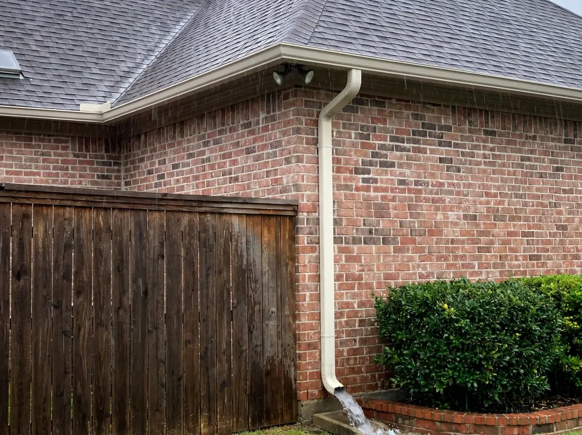 Gutter carrying rain to a downspout that empties onto a splash block