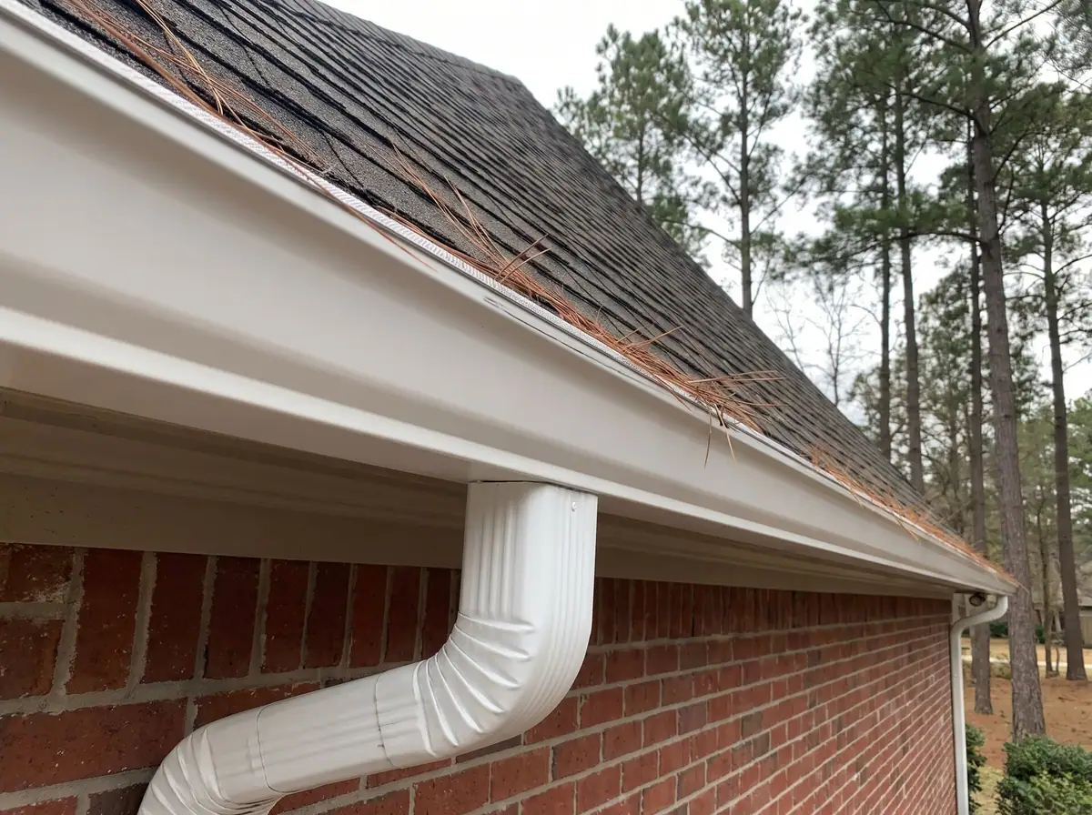 Mesh gutter guard fitted to a white K-style gutter under a shingle roof