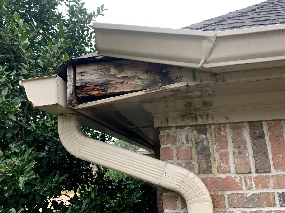 Rotted fascia board exposed behind a gutter at a roof corner