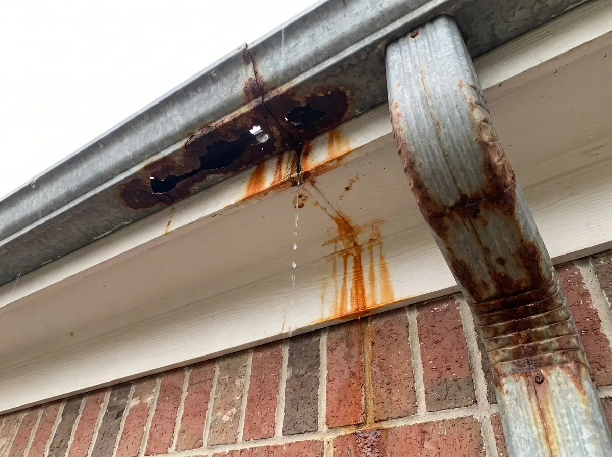 Rusted-through galvanized gutter and downspout staining the brick below