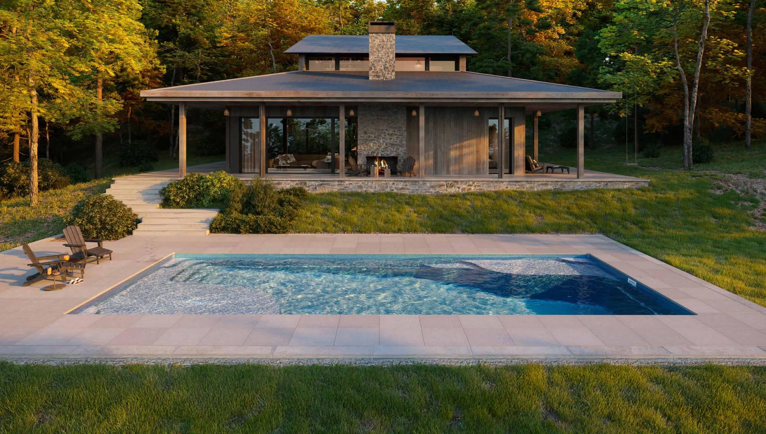 Latham Ariel 16 fiberglass pool in a finished backyard