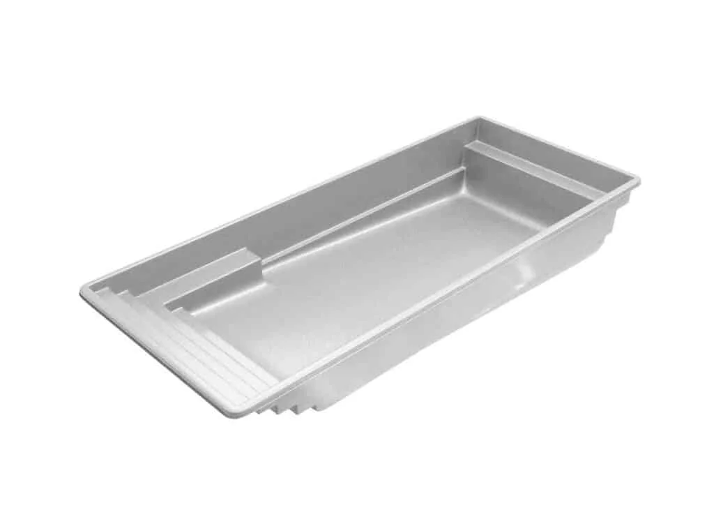 Latham Claremont fiberglass pool shell render, 33' × 14'