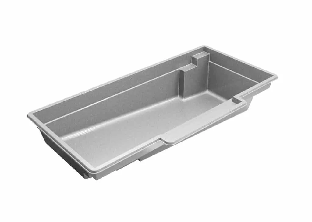 Latham Tuscan 14.27 fiberglass pool shell render, 26.83' × 13.75'